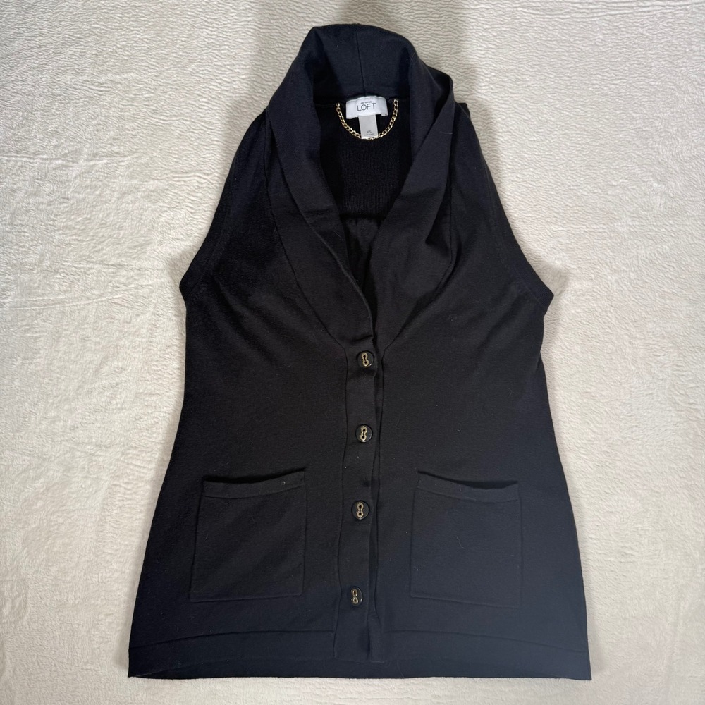LOFT Black Sweater Vest Sleeveless Cardigan Shawl Front Pockets Corporatecore XS